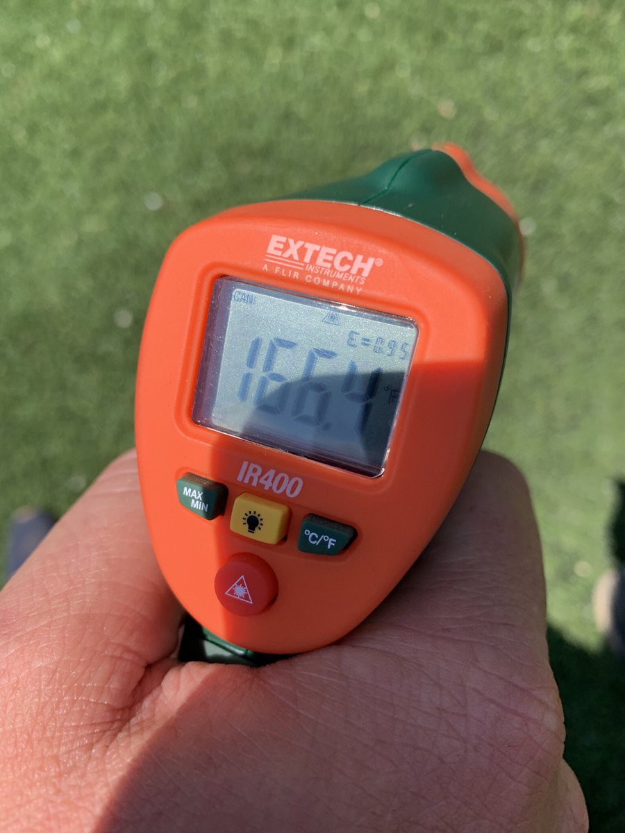 zachAhorsley's tweet image. Took surface temps today with @Kody_Riley21 and @MatthewBergin11. Ambient temp is 98°. On a natural sand-based surface, 103°. On a synthetic surface, 166°. The numbers don’t lie, folks. #SportsTurf #NaturalIsBetter #PlasticIsDangerous #VaTurf