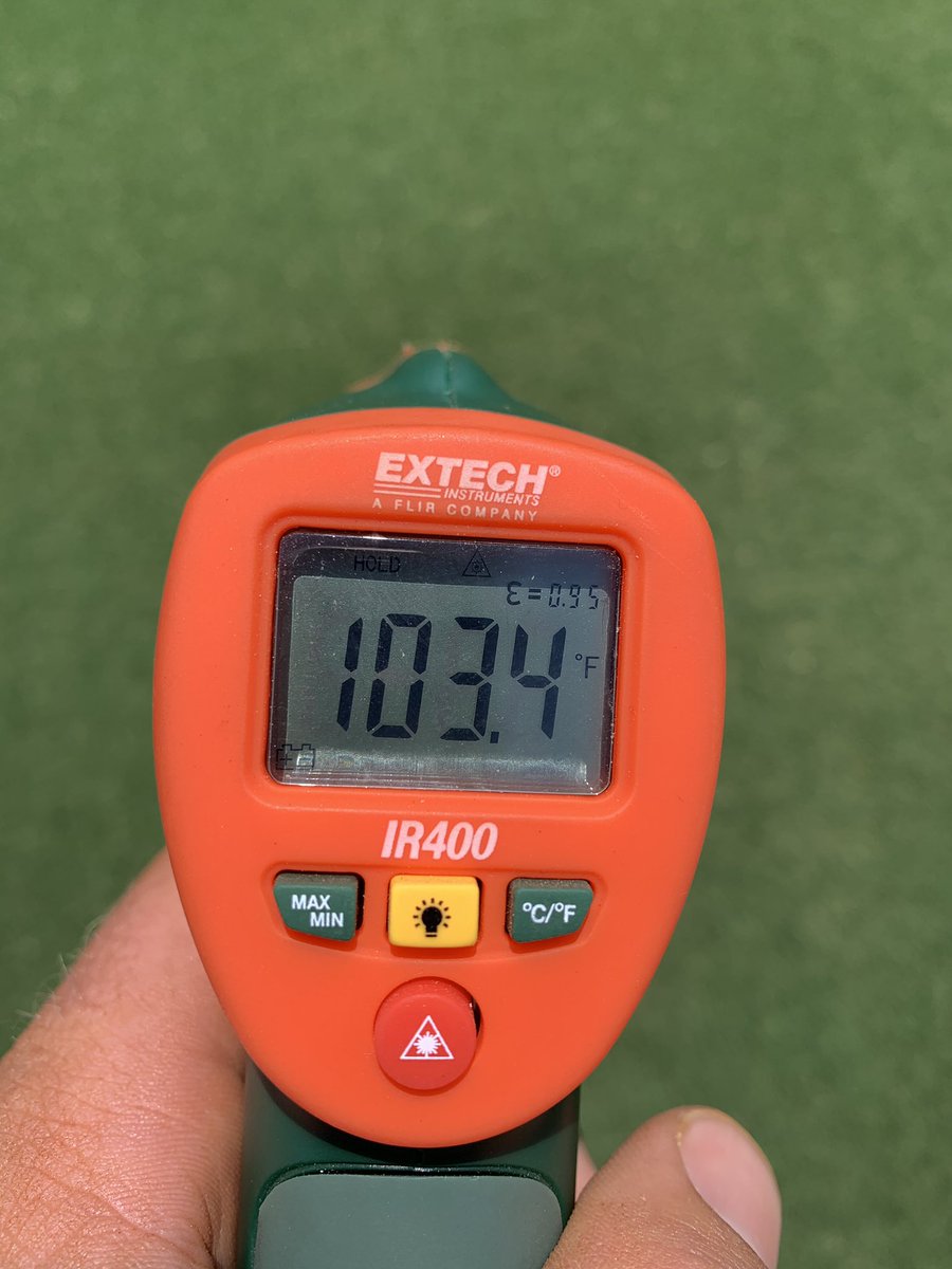 zachAhorsley's tweet image. Took surface temps today with @Kody_Riley21 and @MatthewBergin11. Ambient temp is 98°. On a natural sand-based surface, 103°. On a synthetic surface, 166°. The numbers don’t lie, folks. #SportsTurf #NaturalIsBetter #PlasticIsDangerous #VaTurf