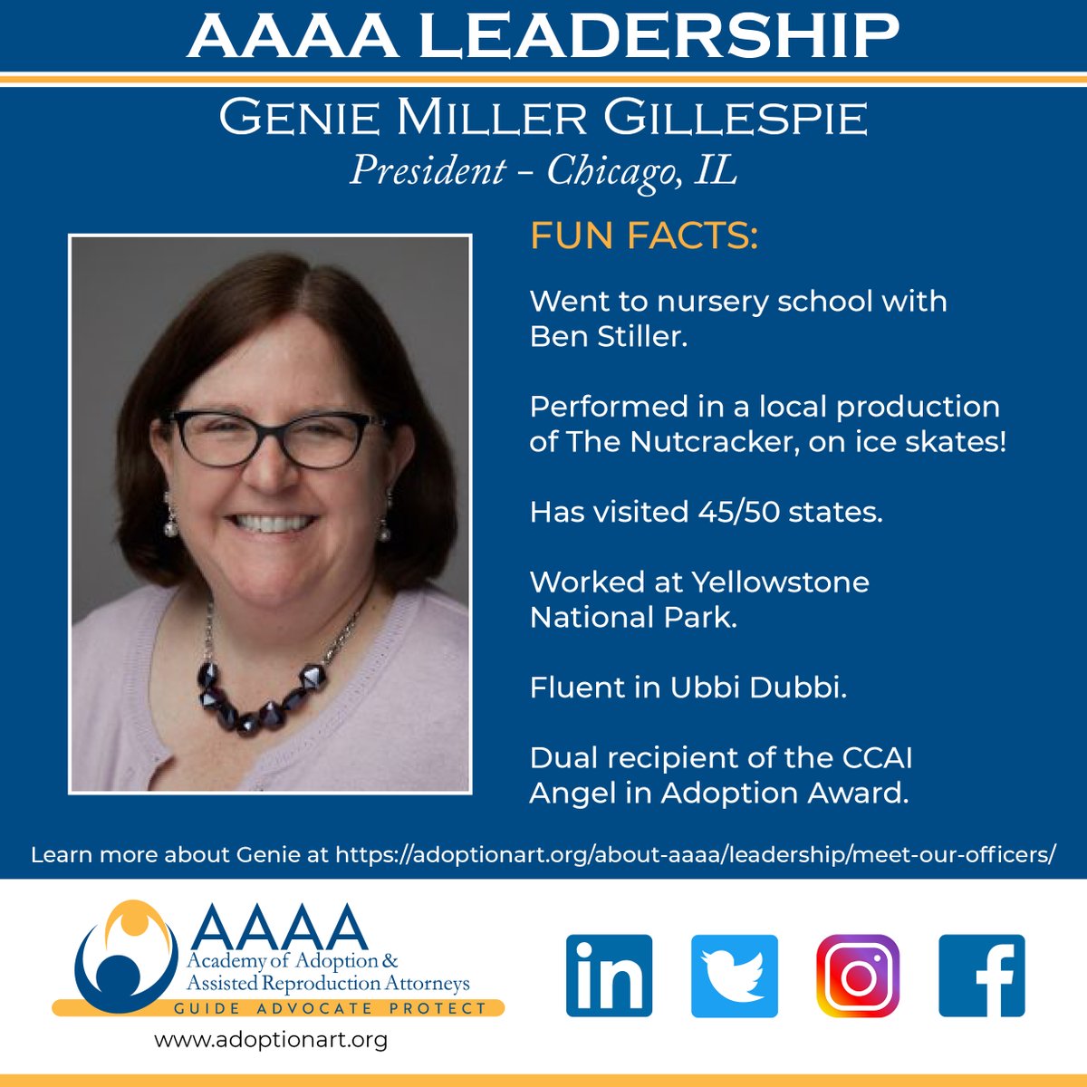 AdoptionandART's tweet photo. AAAA Leadership Fun Facts - Click here to learn more about Genie:
 
https://t.co/kJNbUquNKy

#adoptionartattorneys #adoptionandart https://t.co/WJQQVvWzaC