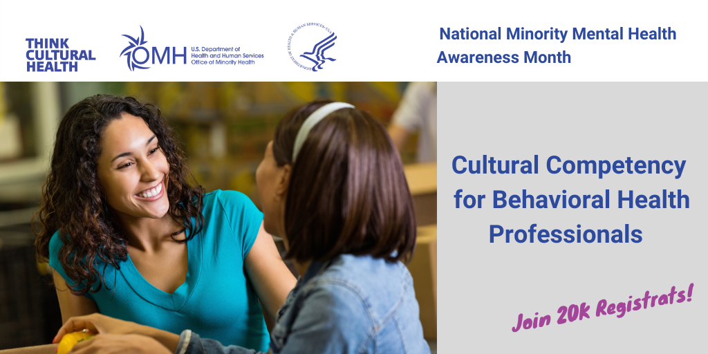 MinorityHealth's tweet photo. This National #MinorityMentalHealth Awareness Month OMH marks the 1st anniversary of its Behavioral Health e-learning program. Join more than 20K professionals who have used the free, accredited course to build their cultural competency skills https://t.co/Qz3EZVIVxm #NMHM2020 https://t.co/lRA1TS8uFG