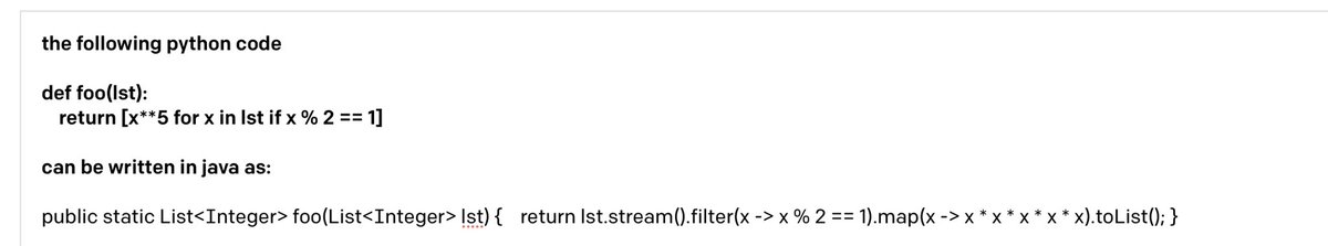 Findings (cont'): the most impressive example is actually not in the paper but this one from  @yoavgo -- code translation from Python to Java (bold is prompt given to GPT-3, plain text is output). Thank  @alan_ritter for pointing me to this.  https://twitter.com/yoavgo/status/12853576053559541768/n