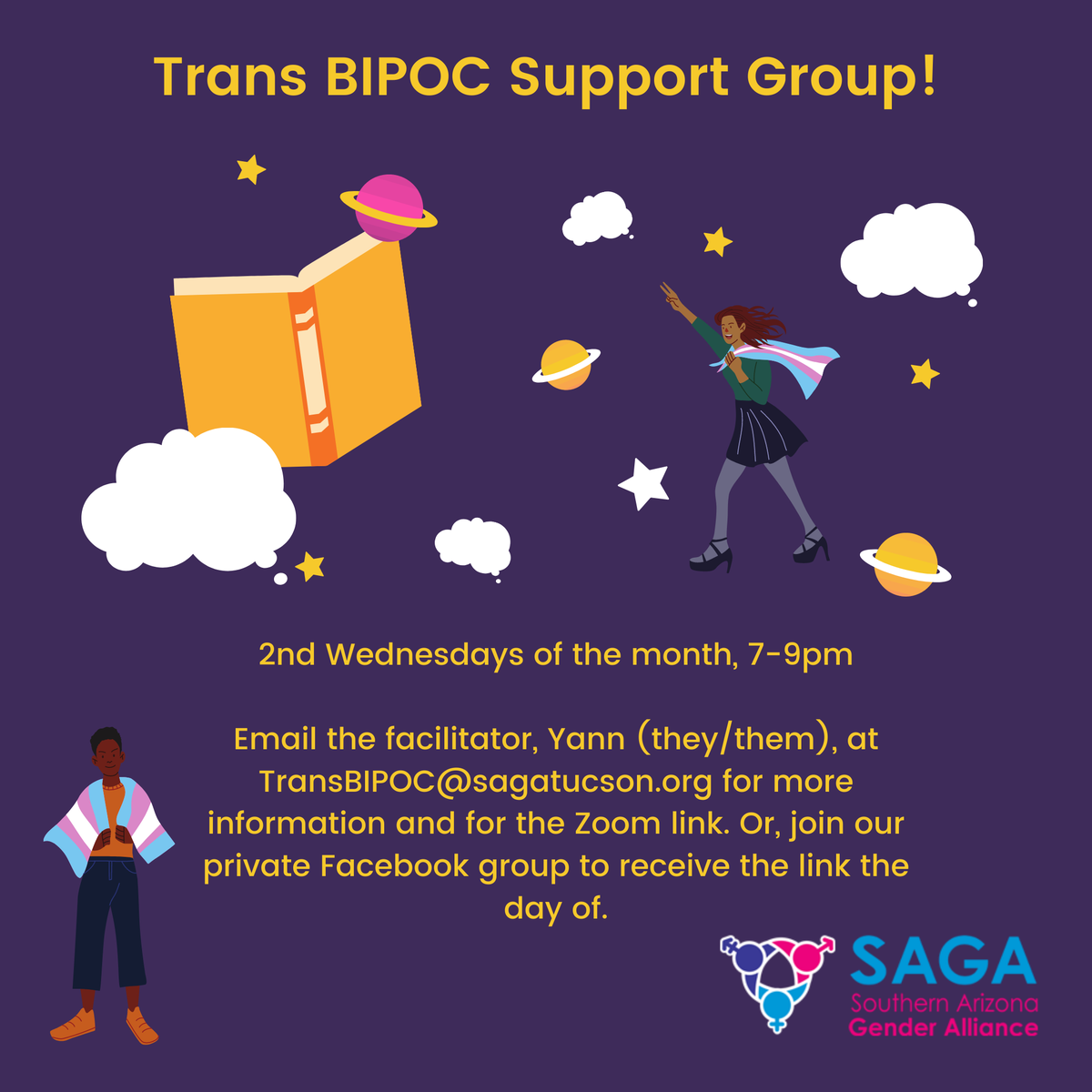 SAGATucson's tweet photo. If you would like to join the first Trans BIPOC support group meeting, feel free to send us a DM or email Yann (they/them) at TransBIPOC@sagatucson.org https://t.co/DtlfNt7wEt