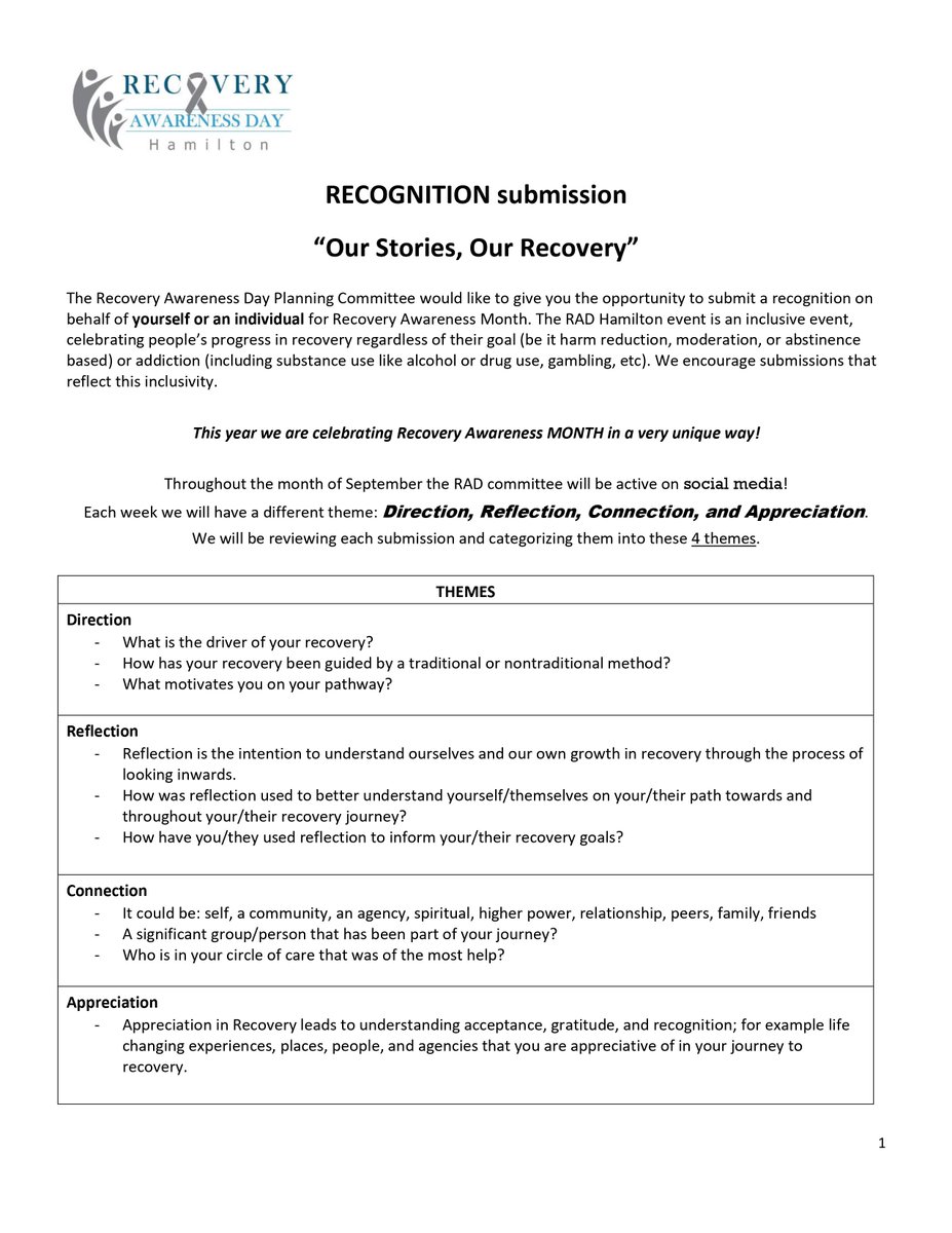 RAD2020Hamilton's tweet photo. Calling for submissions for our Recovery Awareness month posts! Recovery stories... artwork ... poetry... video?? We want to celebrate recovery in a big way on social media in September! Details attached! https://t.co/j1S2GvyTI5