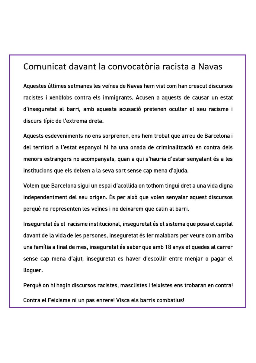 Fus_CASA's tweet photo. 🔴ALERTA ANTIFEIXISTA🔴

No permetem que l'extrema dreta escampi el seu discurs d'odi impunement a #Barcelona.
Perquè on hi hagi discursos racistes, masclistes i feixistes ens trobaran de cara! ✊🏾
Contra el Feixisme ni un pas enrere! 
Visca els barris combatius! 

#NoPassaran https://t.co/B4pSciR8ik