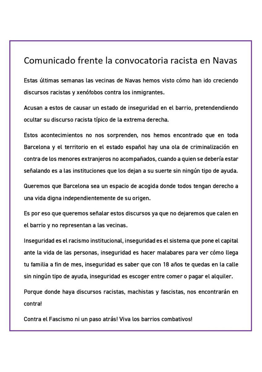 🔴ALERTA ANTIFEIXISTA🔴

No permetem que l'extrema dreta escampi el seu discurs d'odi impunement a #Barcelona.
Perquè on hi hagi discursos racistes, masclistes i feixistes ens trobaran de cara! ✊🏾
Contra el Feixisme ni un pas enrere! 
Visca els barris combatius! 

#NoPassaran