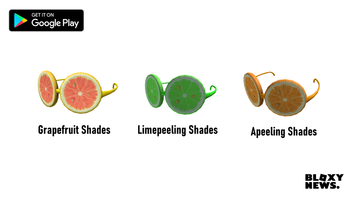 Bloxy News On Twitter Google Play Exclusive For A Limited Time Only Now Through July 30 You Can Get These Fruity Pairs Of Shades On Roblox For R 80 Each Grapefruit Shades - roblox twitter shades