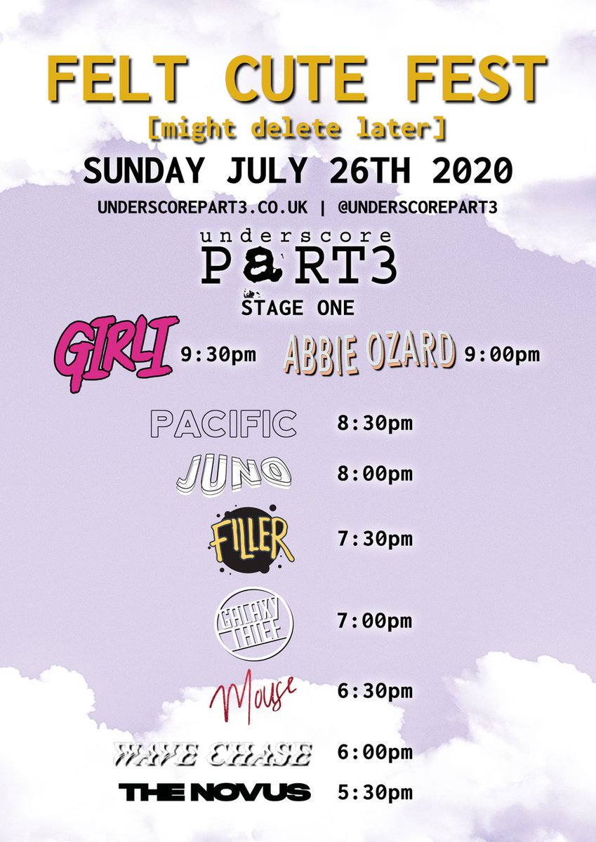 underscorepart3's tweet photo. That's it, that's your complete #feltcute fest line up. We can't wait to spend the weekend with you all. Every act is performing without fee in aid @thecalmzone @musicvenuetrust https://t.co/6VOXJdulvF