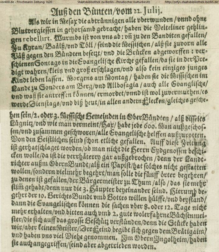 vor400's tweet photo. Bünden, 22. Juli 1620 #vor400
Auch die Frischmann Zeitung berichtet über den #Veltlinermord der Banditen im #Veltin 1620. Die Banditen besetzen die Pässe, fallen ins Tal ein, in die evgl. Kirche, "klein und groß erschlagen - also kein einziges junges Kind leben lassen"! 😭😡 1/2 https://t.co/3DWuXjwd4h