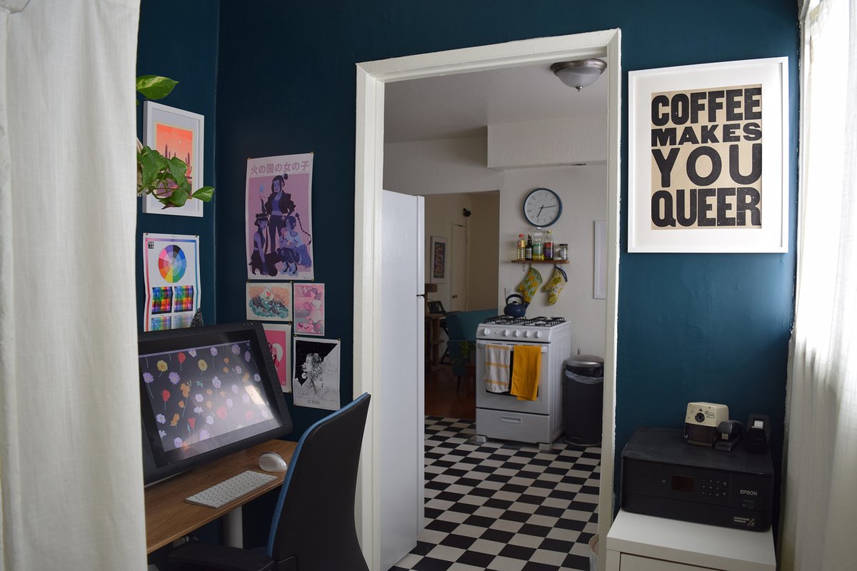 sdavbaker's tweet photo. my home office is a funky little utility nook... spent a fair amount of quarantine de-texturing the walls &amp; sawing off a cursed indoor windowsill (see: before pic) to make it a cozier workspace https://t.co/DhDUBMzuZS