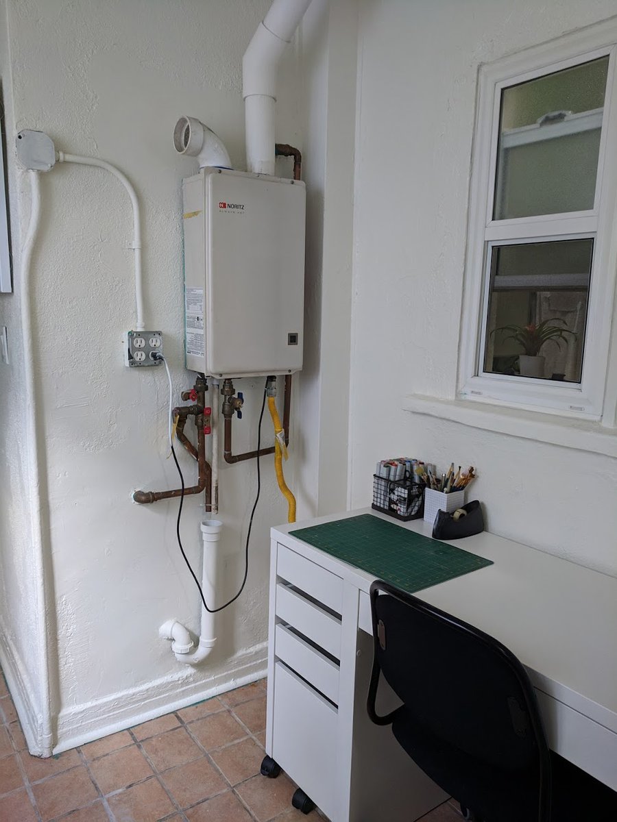 my home office is a funky little utility nook... spent a fair amount of quarantine de-texturing the walls &amp; sawing off a cursed indoor windowsill (see: before pic) to make it a cozier workspace