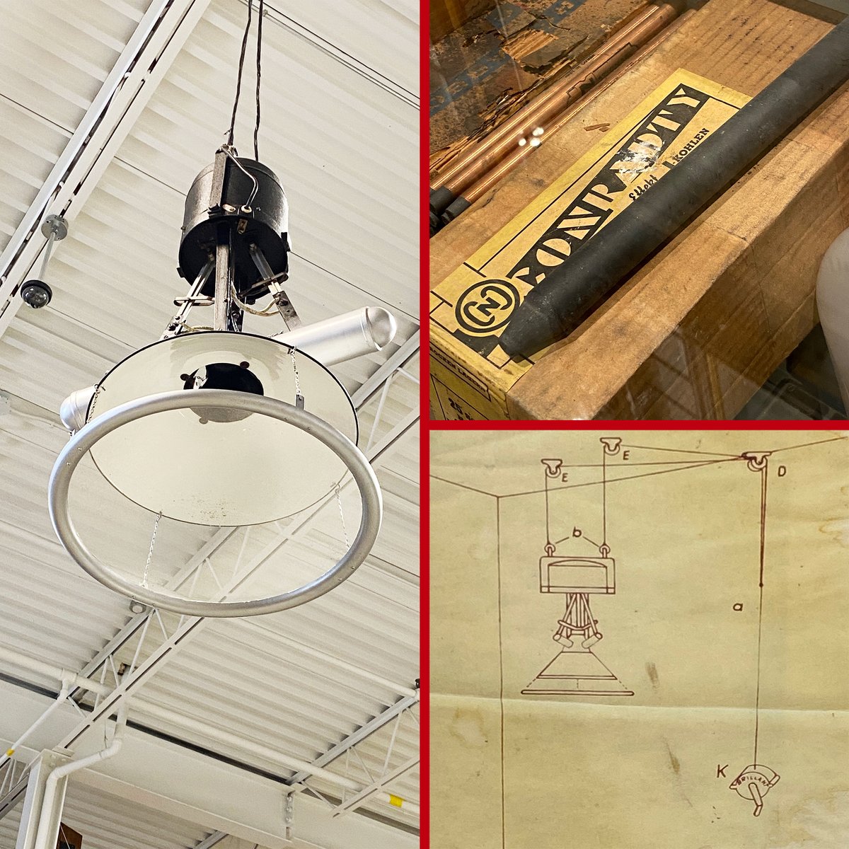 Hanging from the rafters is BRILLANT UV Light Source, w/charcoal sticks, ca 1961. Before CTP, arc lamp was used as light source in the processing of offset plates. Today, relief plates are still using #UV light for exposing & curing. #printingplate #WayBackWednesday #NuArc #coal