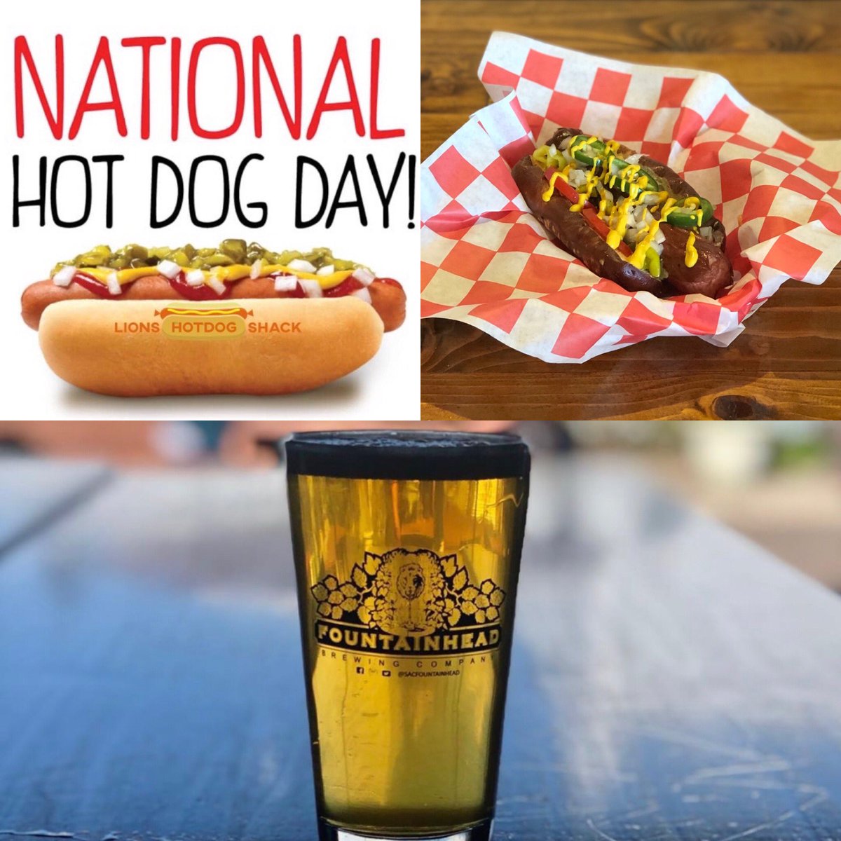 It’s #NationalHotdogDay! 🌭🌭🌭 To celebrate, @lions_hotdog_shack is offering $2 off all #hotdogs all day. Build your dog just the way you like it and pair it with your favorite Fountainhead brew. Open 3-8pm. Cheers! 🍻 #sacfountainhead