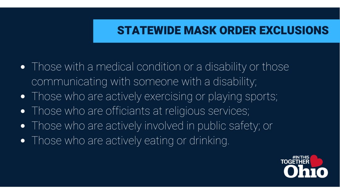 GovMikeDeWine's tweet photo. This order only requires those who are 10 years old or older to wear a mask.  In addition, the following do not need to wear a mask: https://t.co/xv9CX8itYi