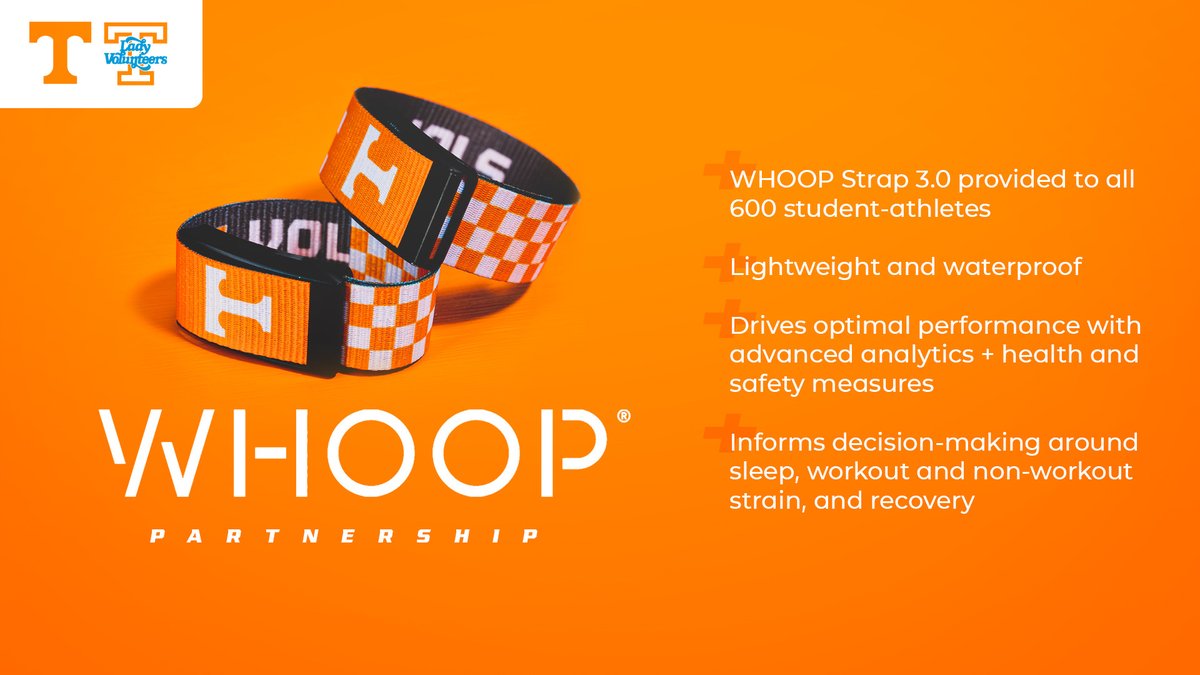 FOS's tweet photo. The University of Tennessee will be the first school to provide its entire athletic department with WHOOP.
With all athletes wearing WHOOP Straps, they'll receive physiological data including sleep quality, workout strain and respiratory rate, an early indicator of illness. https://t.co/G1ZG2m2Lmq