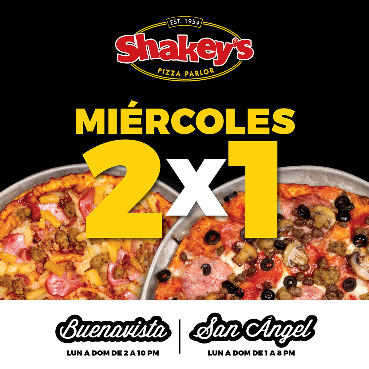 ¡Ya es miércoles de 2x1 en todas nuestras pizzas! en nuestras dos sucursales: Shakey's Forum Buenavista y Shakey's San Ángel.

#Miércoles2x1 #foodlover #quedatecasa #pizzaenfamila #MiercolesFeliz #pizzalover #pizzatime #pizzanight #pizza🍕#pizzaislife #food #foodlover