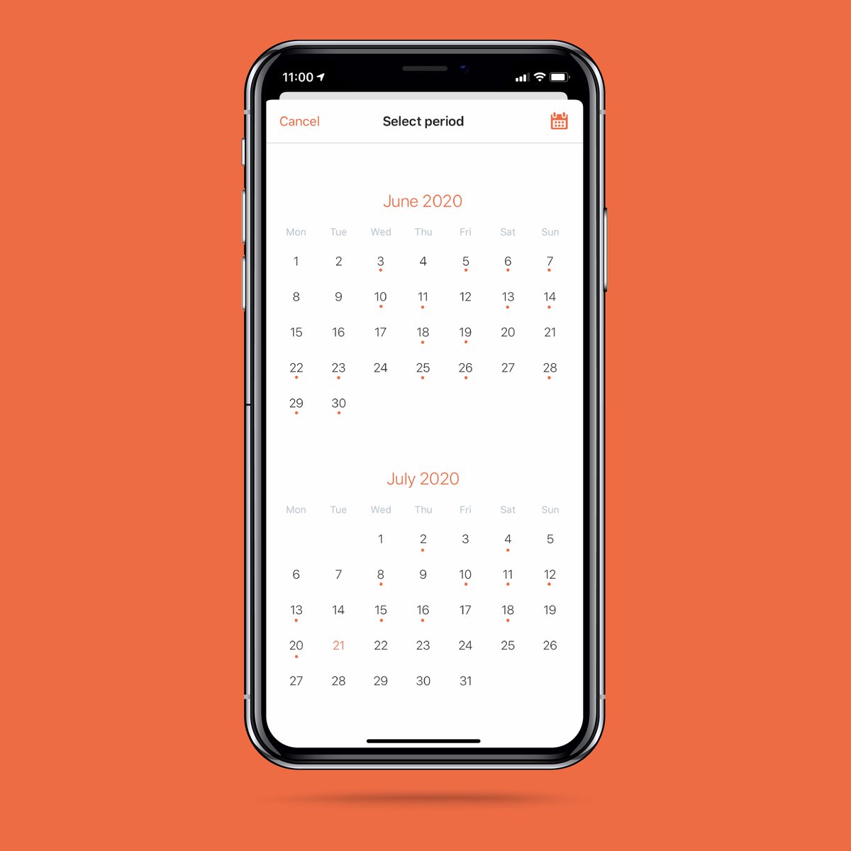 Everything at a glance: new improved calendar! #FeatureWednesday 🗓 

The large view makes it easier to find past training sessions and gives you a good overview of how often you have moved your horse in the past few weeks. The orange dots each represent a training session 😊