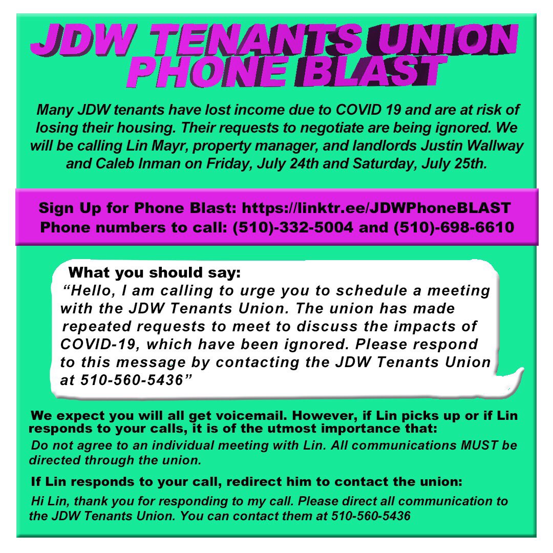 Please help support the JDW Tenants Union with our phone blast this Friday & Saturday! We are still trying to open a dialogue with our landlord who has ignored all of our outreach and attempts to negotiate. We need rent forgiveness during this pandemic! linktr.ee/JDWPhoneBLAST
