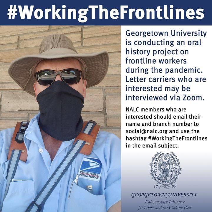 tizzywoman's tweet photo. ๐จCTA LETTER CARRIERS๐จ
Georgetown University will be conducting video interviews w/ letter carriers documenting job changes amid the pandemic.
If you wish to contribute, email your name & branch number to social@nalc.org & #WorkingTheFrontlines in your email subject. https://t.co/P76EawhJ0g