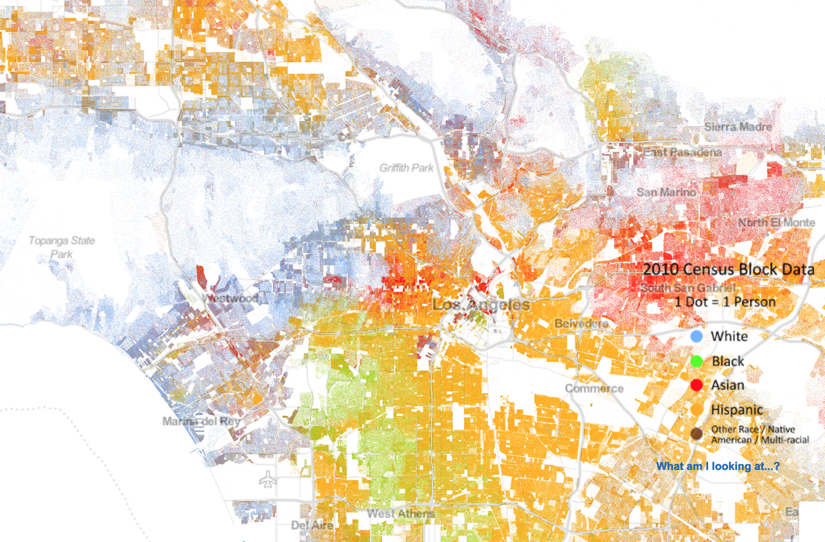 This is a racial dot map (one dot=one person) of the LA area (from the 2010 Census), showing the region's diversity, segregation, and relative population density. There are some areas more sparsely-populated, which are typically bluer (i.e. White residents). (2/12)