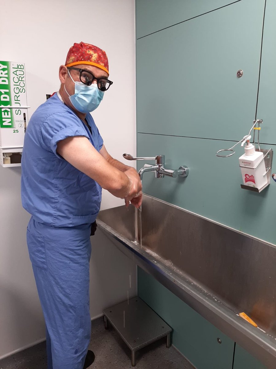 Scrubbing for my final operation today after a 39 year career through Aberdeen, Edinburgh &amp; Leicester. Excellent list comprising two patients with carotid body tumours. Retire from all clinical practice on 31/7 but will still continue with academic interests. It has been great!
