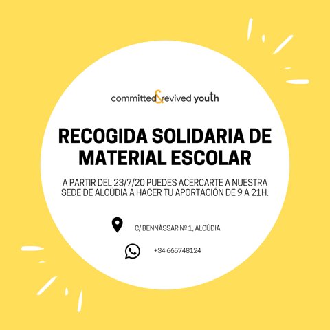 CyRYouth_'s tweet photo. Empieza a acercarse el mes de la vuelta a clases 🤓 Por ello este año iniciamos nuestra segunda campaña de recogida solidaria de material escolar 📚✏️Ayúdanos a seguir ayudando 💛 Ahora más que nunca necesitamos apoyarnos. 

#campaña #recogidadematerialescolar #cyr https://t.co/47hdDPKGMY