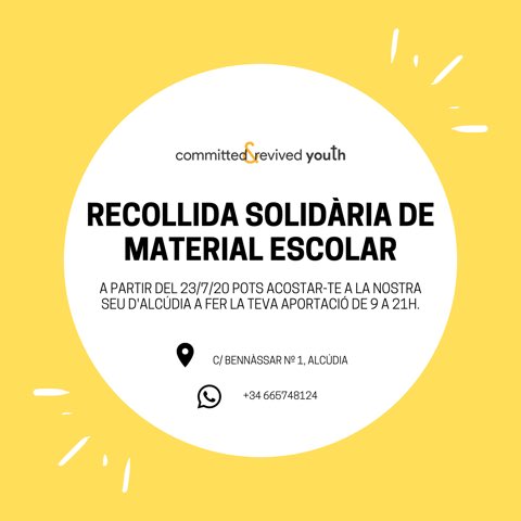 CyRYouth_'s tweet photo. Empieza a acercarse el mes de la vuelta a clases 🤓 Por ello este año iniciamos nuestra segunda campaña de recogida solidaria de material escolar 📚✏️Ayúdanos a seguir ayudando 💛 Ahora más que nunca necesitamos apoyarnos. 

#campaña #recogidadematerialescolar #cyr https://t.co/47hdDPKGMY