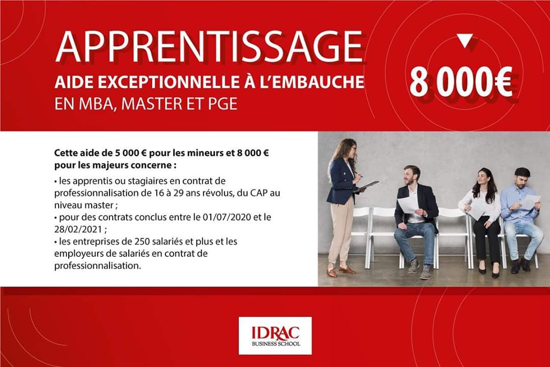 Une bonne nouvelle pour les entreprises qui souhaitent embaucher un apprenti en MBA, PGE ou Master ! Une aide exceptionnelle de 8 000€ sera versée aux entreprises qui répondent à ces différents critères! #apprentissage#mba#pge#master#idrac