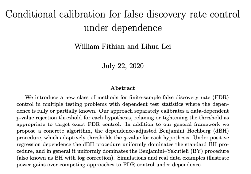 wfithian's tweet photo. Announcing new work with @lihua_lei_stat, which I will present tomorrow morning at 8:30am PDT at the ISSI seminar.

We introduce new technical machinery and a new class of multiple testing methods that provably control FDR with dependent p-values. https://t.co/em43UJE9CJ