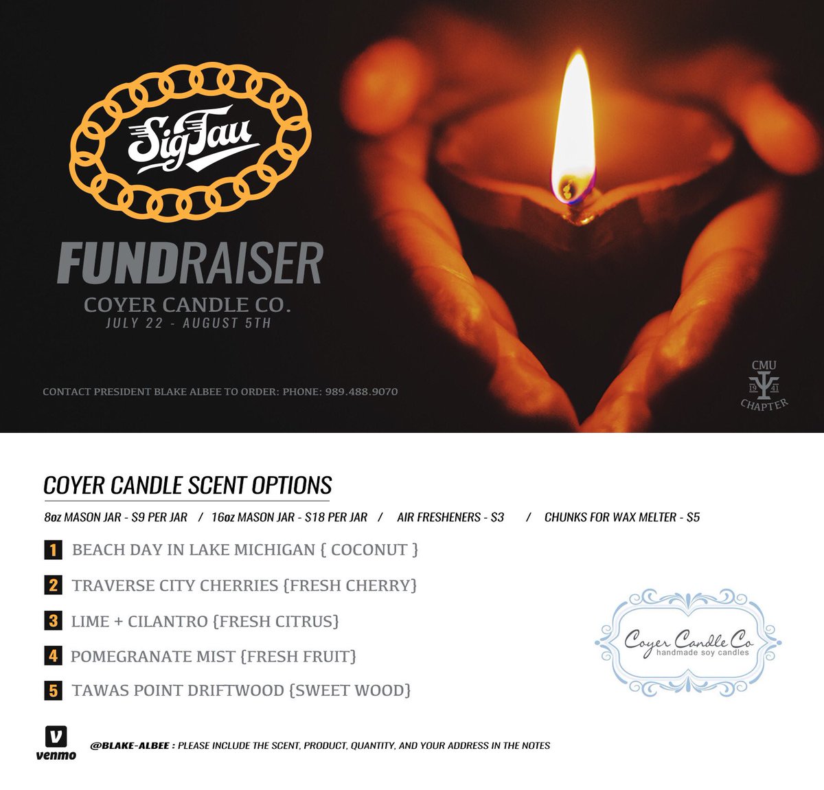We’re excited to announce that we’ve partnered with <a href="/coyercandleco/">Coyer Candle Co.</a> to fundraise for our chapter!

We receive 50% of the profits to help us with our chapter operations.
Contact <a href="/BlakeAlbee/">Blake Albee</a> to order!

Check out their awesome mitten-made products below⬇️