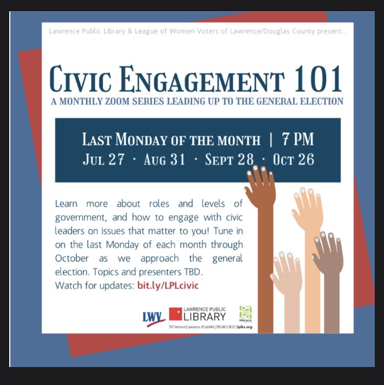 Monday, July 27th 7 PM
#CivicEngagement 101 from <a href="/lwvldc/">LWV-L/DC</a> &amp; <a href="/lawrencelibrary/">Lawrence Public Library</a> 
Local Government at a Glance with Courtney Shipley
Learn how our local government is structured and who to contact about issues that matter most to you.
bit.ly/LPLcivic