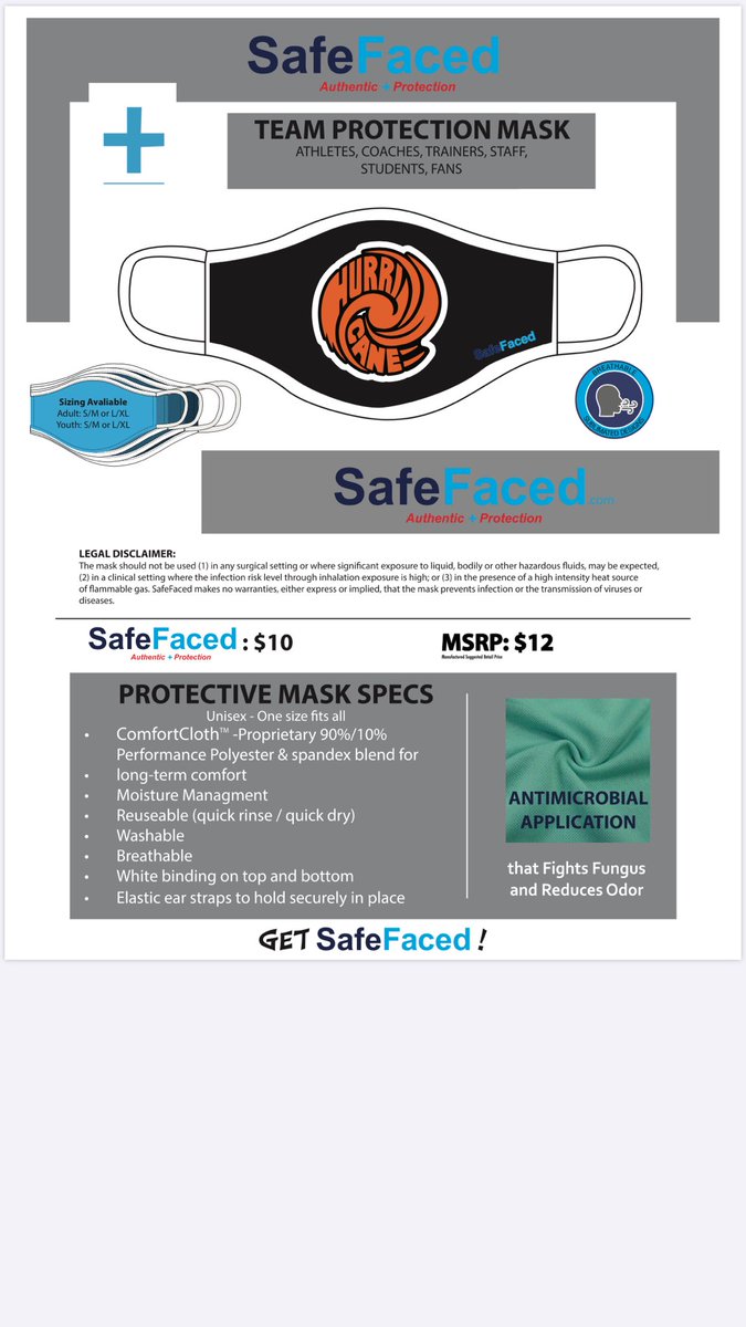 skillen1212's tweet photo. Find a Hurricane Football player and order yourself a mask! $10 per mask. They are washable, lightweight, and easy to breathe through! @SafeFaced https://t.co/zmn6nk9E79