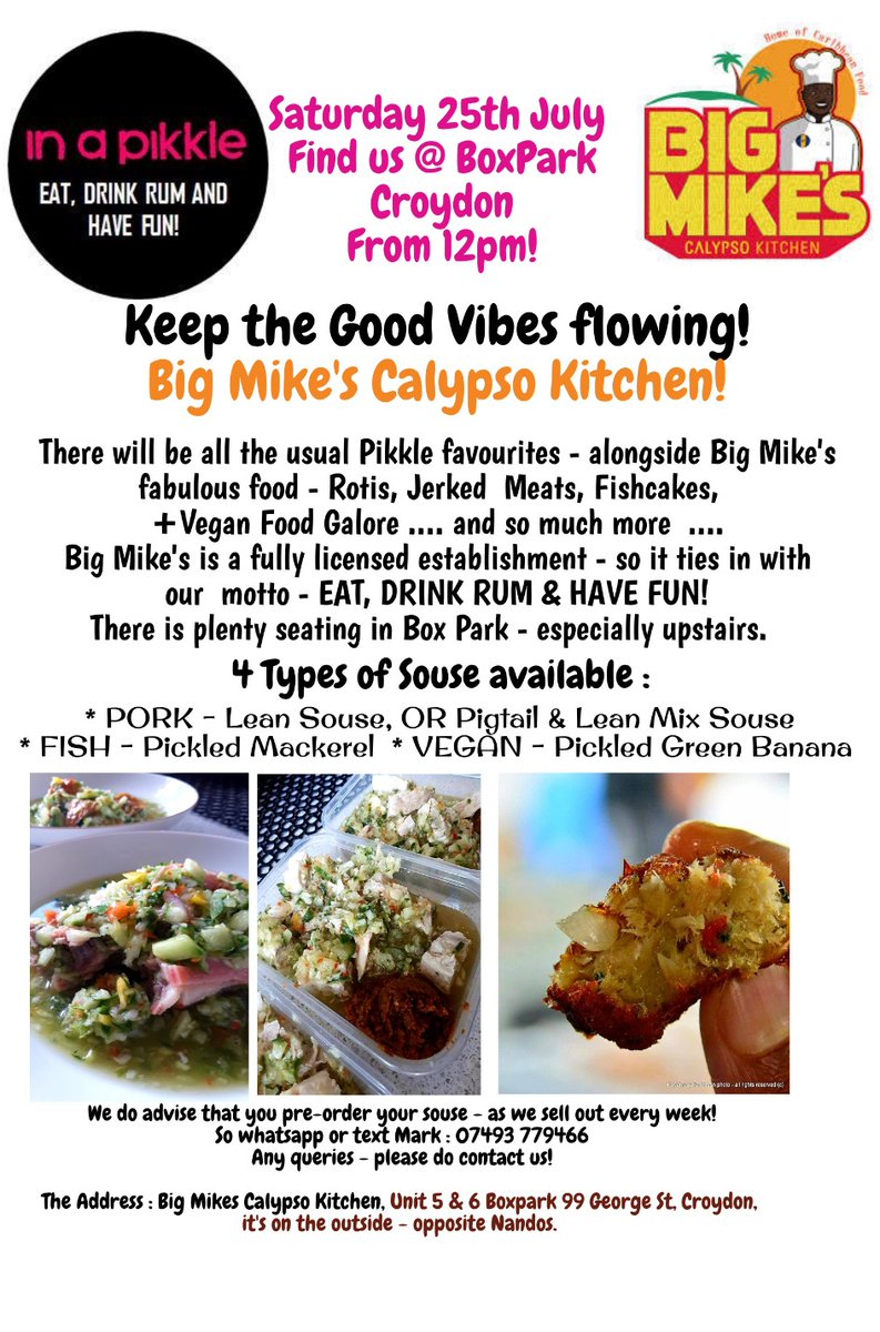Inapikkle's tweet photo. This Saturday &amp; every Saturday - we bring SouseDay! @BigmikesCk @BoxparkCroydon @BajansCoUk https://t.co/x5JrXWL7p6