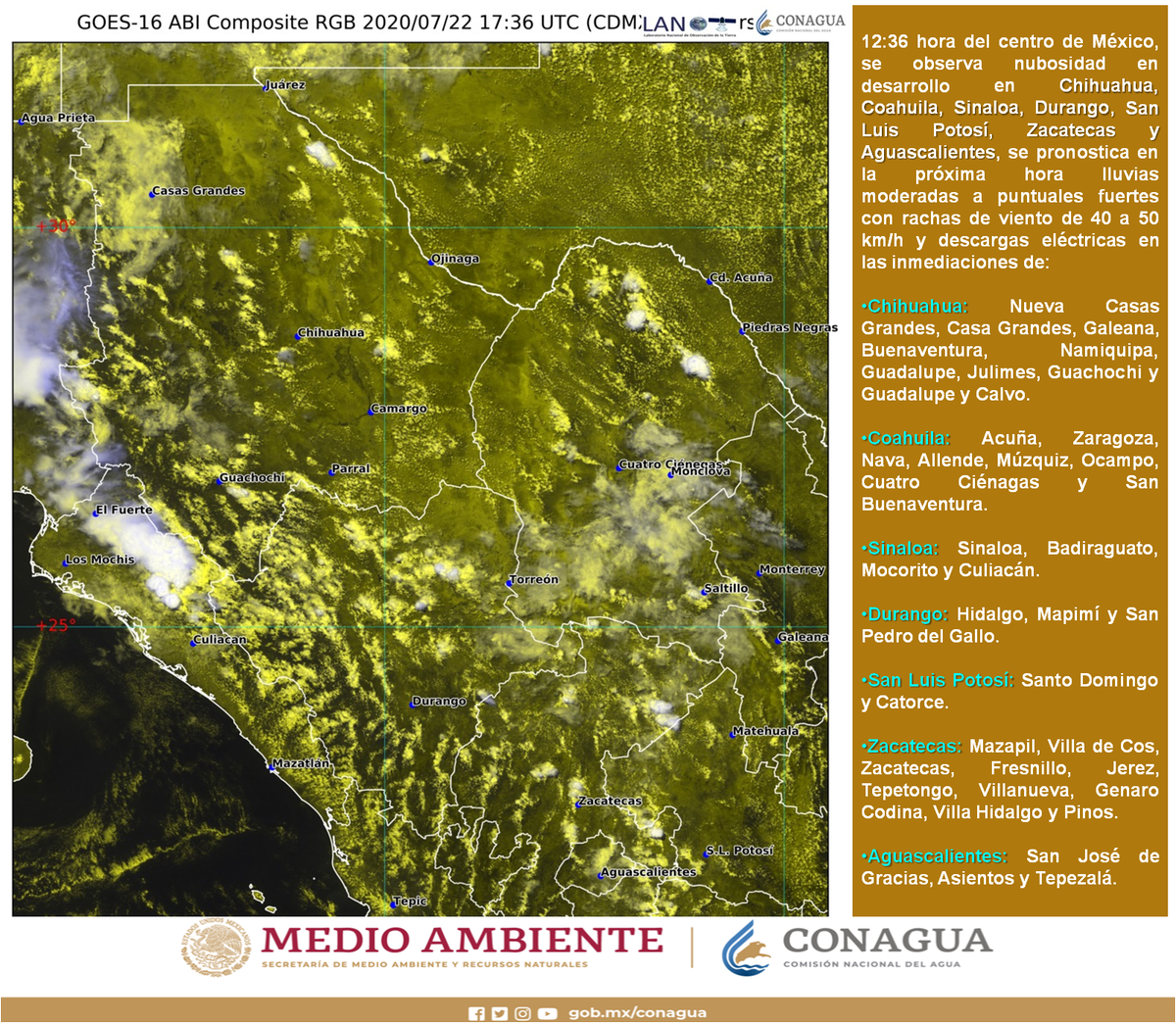 conagua_clima's tweet photo. Nubosidad en desarrollo sobre #Chihuahua, #Coahuila, #Sinaloa, #Durango, #SanLuisPotosí, #Zacatecas y #Aguascalietes, favorecerá en las próximas dos horas #Lluvias de moderadas a fuertes, #DescargasEléctricas y #Rachas de #Viento en las entidades mencionadas. Más detalles 👇 https://t.co/Mim5n1HOza