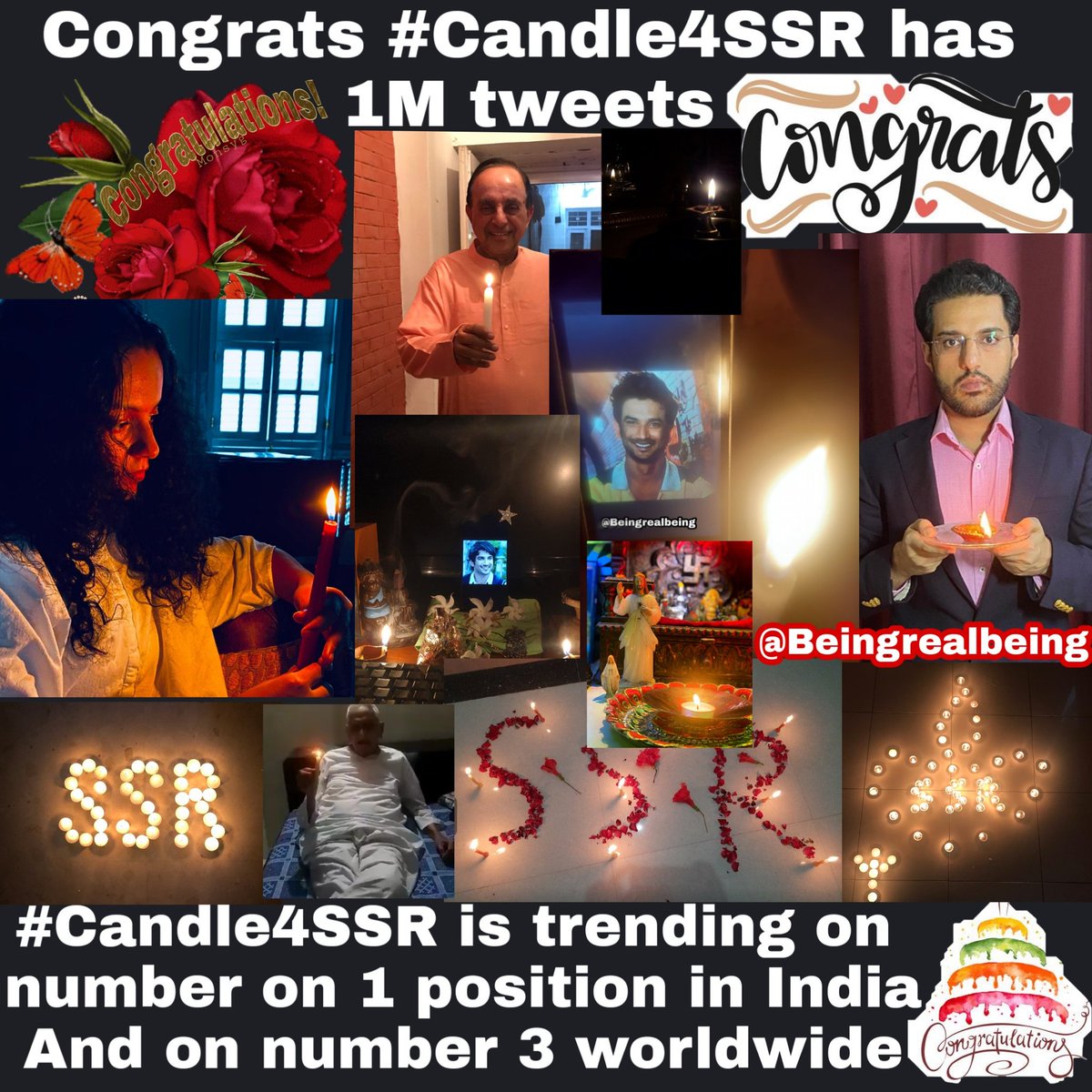 Beingrealbeing's tweet photo. CONGRATULATIONS guys we did it.

Now we have bcm 1M+ Family.

Thank you everyone who are trending #Candle4SSR &amp; created a history. 

See we are with you Sushant Singh Rajput😘😘 https://t.co/QlG2fSMfTk