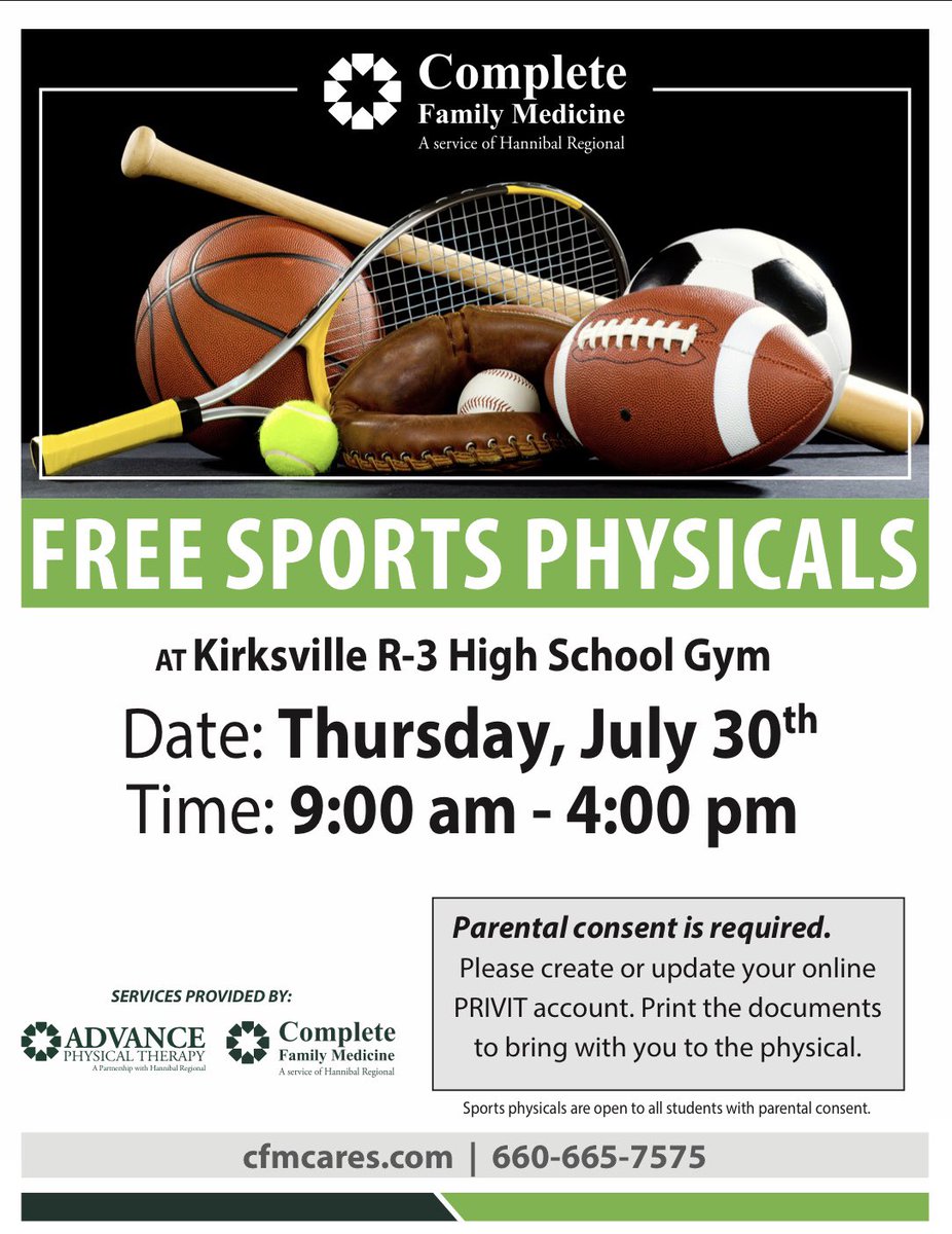 Kirksville R-III student athletes it’s that time! Update/create your PRIVIT accounts and get your free physical! Pass this info on to all your friends! #seeyousoon #kvtigers 
<a href="/FredBeckKTVO/">FredBeck</a> <a href="/KirksvilleHigh/">Kirksville High School</a> <a href="/KVRIIITigers/">Kirksville Schools</a> <a href="/kvtigerfootball/">Kirksville Tiger Football</a> <a href="/KVTigerHoops/">Kirksville Basketball</a> <a href="/KirksvilleXc/">KV Cross Country</a> <a href="/Shawnmeintz/">Shawn👨‍🏫🧙‍♂️😷</a>