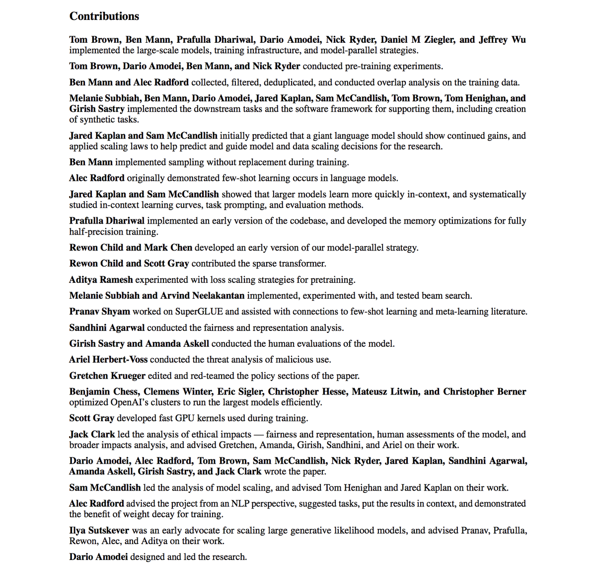 Bonus point (cont'): the paper from OpenAI also listed each author's individual contribution. The last time I saw this happened was the Transformer paper "attention is all you need" from Google. 12/n (the end, n=12)