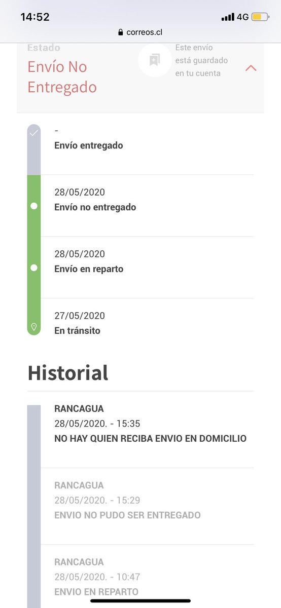 Gus_Carren's tweet photo. Realice una compra internacional, el paquete llegó el 28/05 y no pudo ser recibido porque no había nadie en el domicilio. En la sucursal de San Vicente me dijeron que fue devuelto a Rancagua y desde ese entonces no ha existido movimiento.
Alguna respuesta @correoschile ? https://t.co/SpnjK4ithE