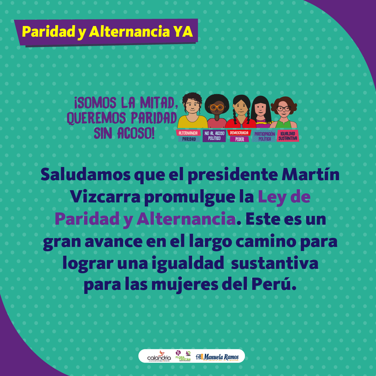 paridadperu's tweet photo. 🔴 #AHORA | Saludamos la acción del Presidente @MartinVizcarraC de firmar la ley aprobada por el Congreso sobre la #ParidadYAlternancia.

¡No hay democracia sin mujeres! https://t.co/XlF8JqoEao
