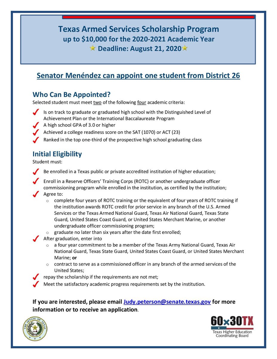 Texas Armed Services #Scholarship Program is open for applications. Scholarship is up to $10K for the 2020-2021 Academic Year. Deadline: August 21, 2020- Email Judy.peterson@senate.texas.gov for more information or to receive an application. #highered #txed #txlege