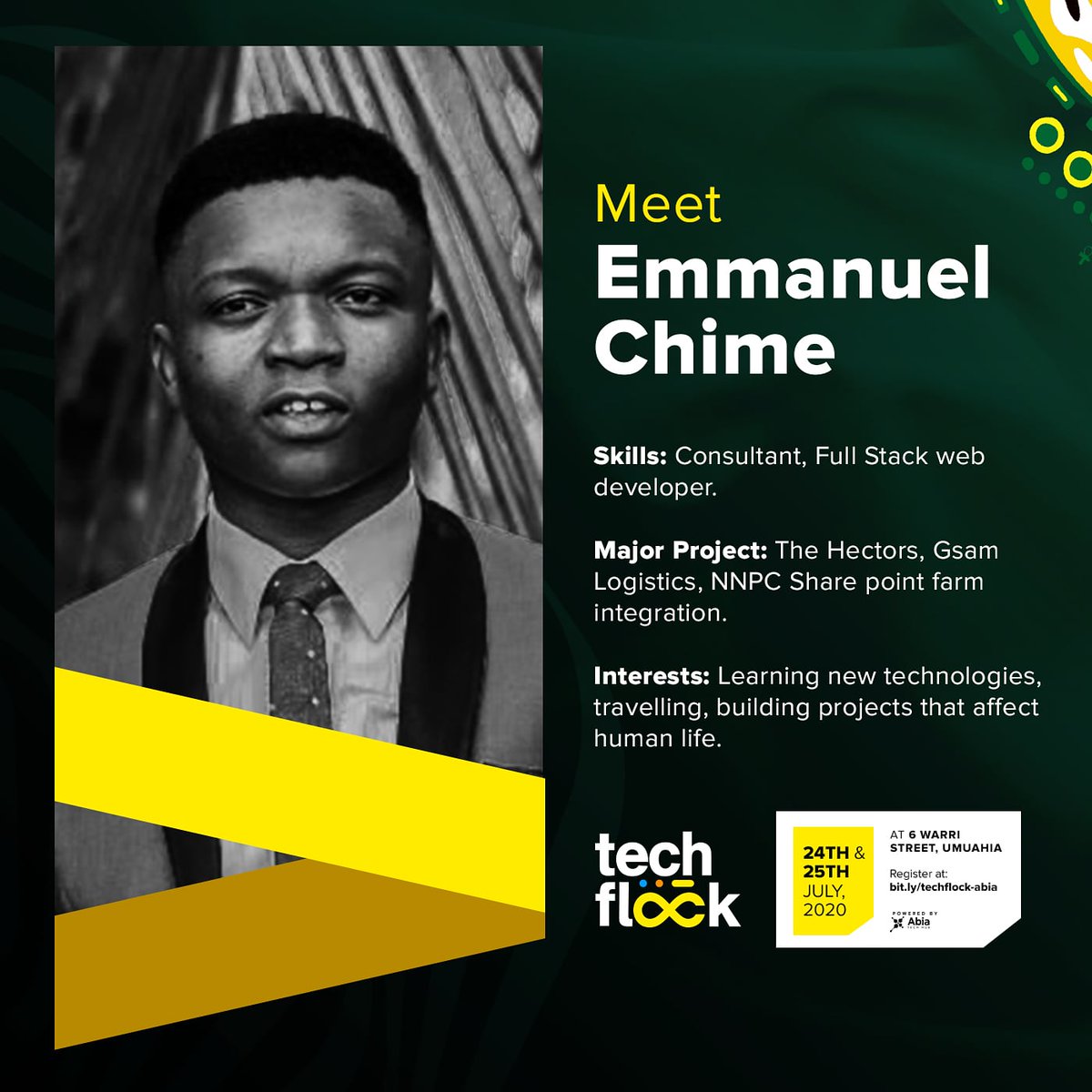 AbiaTechHub's tweet photo. Emmanuel Chime, Co-lead GDG Umuahia, Full Stack Web Developer and consultant would be joining us at #techflock2020 

 Hurry now! 
It's going to be a blast. Don't be left out, limited slots available. Click link to register👇🏽
https://t.co/w944yk1Qaf https://t.co/31sQ1loLny