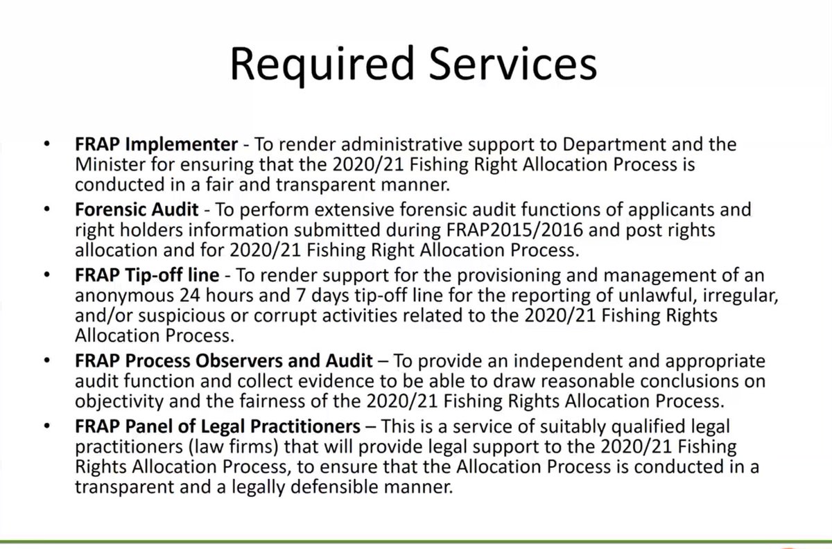 The fisheries department today outlined the required services for the implementation of FRAP 2020/21. <a href="/BarbaraCreecy_/">Minister of Environment, Forestry & Fisheries 🇿🇦</a> aims to appoint an "Implementer", Forensic Auditor, FRAP process observers and auditors, legal panel &amp; a tip-off line. 2/