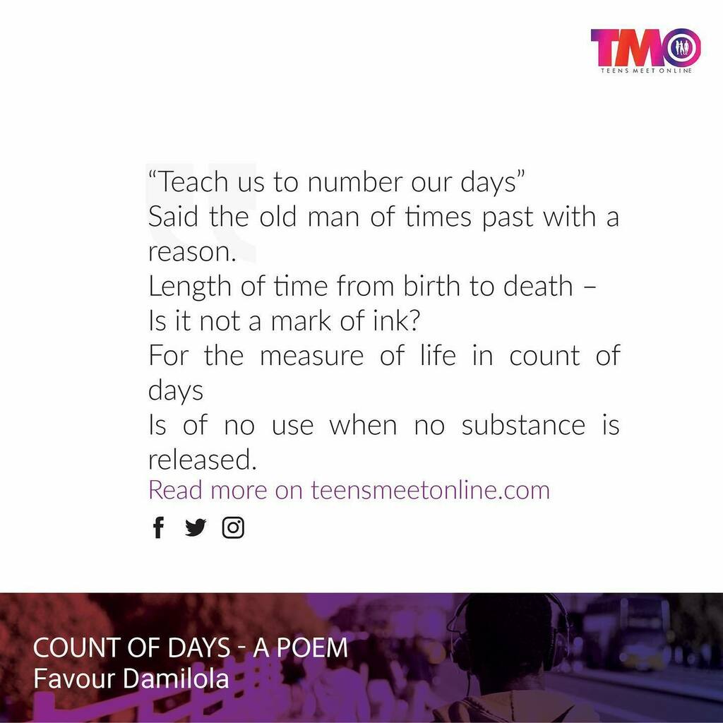 teensmeetonline's tweet photo. What matters more? How many days spent or how spent our days are?
⠀⠀⠀⠀⠀⠀⠀⠀⠀
Read this poem on the blog today for more and tell us what you think.
⠀⠀⠀⠀⠀⠀⠀⠀⠀
#numberourdays #teens #godlyteens #teensmeetonline #TMO https://t.co/aFeg0xHPPx