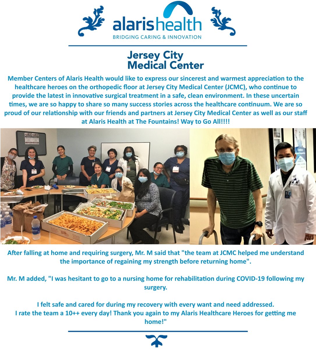 Alaris_Health's tweet photo. @Alaris_Health would like to express our sincerest and warmest appreciation to the healthcare heroes on the orthopedic floor at JCMC, who continue to provide the latest in innovative surgical treatment in a safe, clean environment.
#AlarisHealth #HomewardBoundHeroes #WeCare https://t.co/kWdj7PXiD2