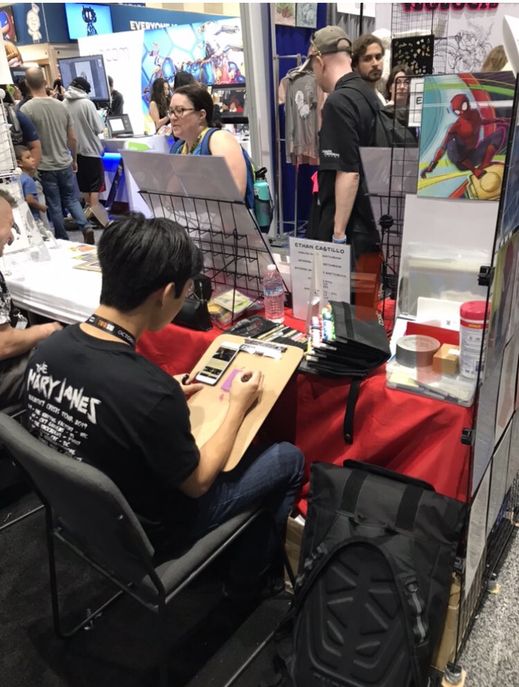 EthanCastillo05's tweet image. Set up for the first day of @comic_con #ComicConAtHome 2020! I’m here in Artists’ Alley AA-01 &amp;amp; I’ll be streaming some live art on Twitch &amp;amp; Insta during the Con! I’ll have my sketchbooks &amp;amp; prints available so stay tuned for the details. #ComicCon #SDCC #SpiderMan #SpiderVerse