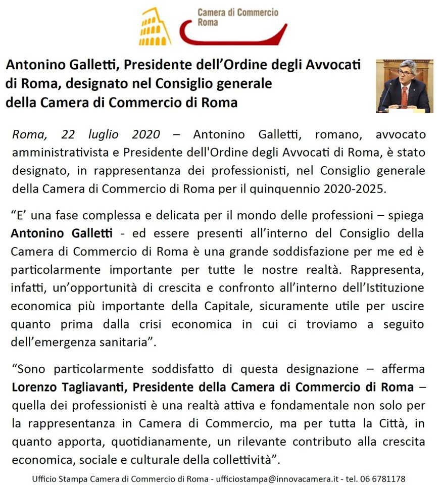 Cresce il prestigio della famiglia forense romana nel tessuto sociale della Provincia di Roma - Il Presidente dell'<a href="/OrdineAvvROMA/">Consiglio dell'Ordine degli Avvocati di Roma</a>  <a href="/avvgalletti/">Antonino Galletti</a> è stato designato, in rappresentanza dei professionisti, nel Consiglio generale della @cameracommercioroma per il quinquennio 20-25