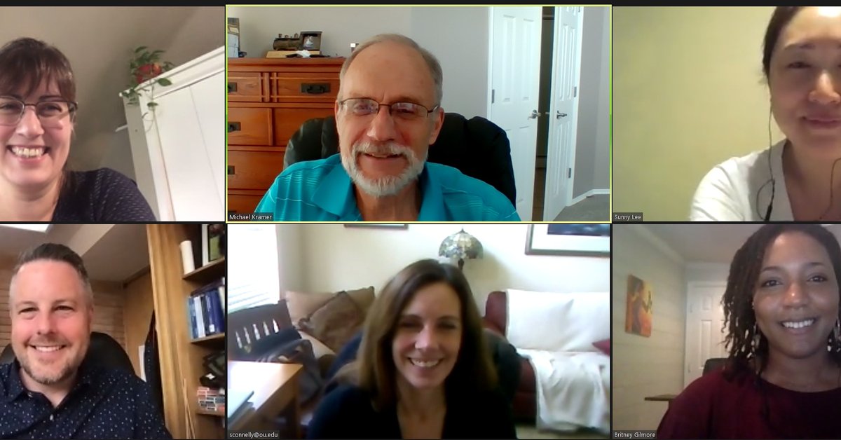 OU_CommDept's tweet photo. #oucommdept Congratulations to Dr Britney Gilmore who successfully defended her dissertation on Monday about how men in predominantly female occupations manage their roles. Here she is in the Zoom meeting with her advisor and committee. She starts her career at TCU this fall. https://t.co/3JxrIwYow2