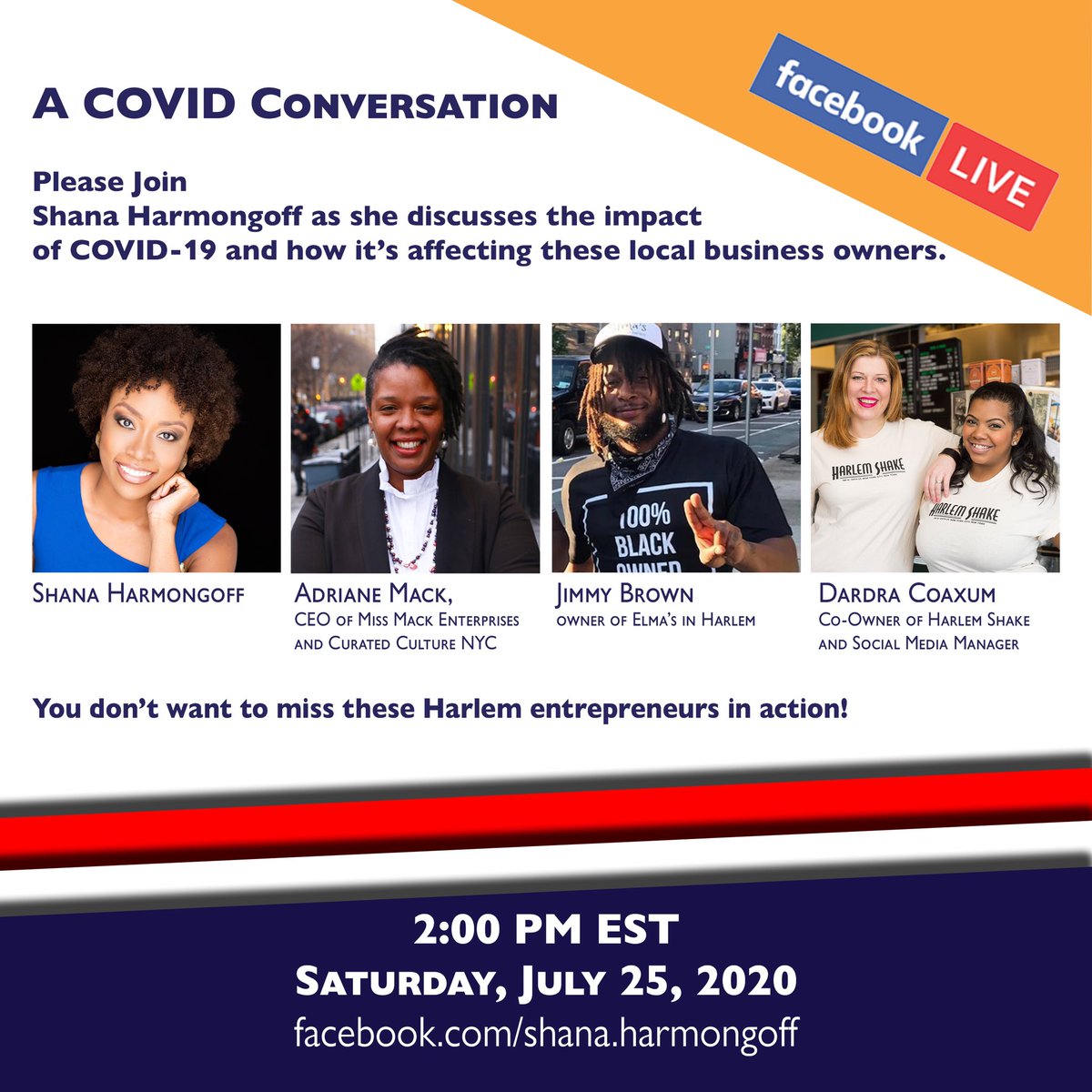 Harmongoff4NY's tweet photo. Super excited about this Saturday, July 25 conversation with these AMAZING Harlem & East Harlem Business Owners! They are some hard working individuals! #2pmEST #ACOVIDConversation #LocalBusinessOwners #Harlem #EastHarlem #ElmasInHarlem #HarlemShake #MissMackEnterprises https://t.co/K5V3UBMAHd