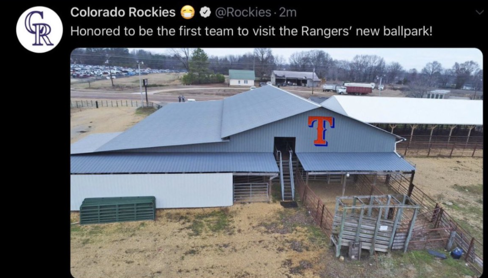 It's amusing that the Rockies are taking a shot at the Rangers' ballpark design for a couple reasons (Rockies' tweet since deleted) ...