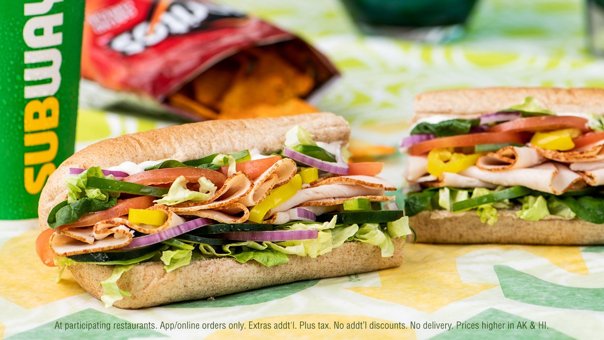 SUBWAY's tweet photo. Break bread for a lot less dough. Get $5 footlongs when you buy 2 in the app or online. https://t.co/m8XuKo9he5