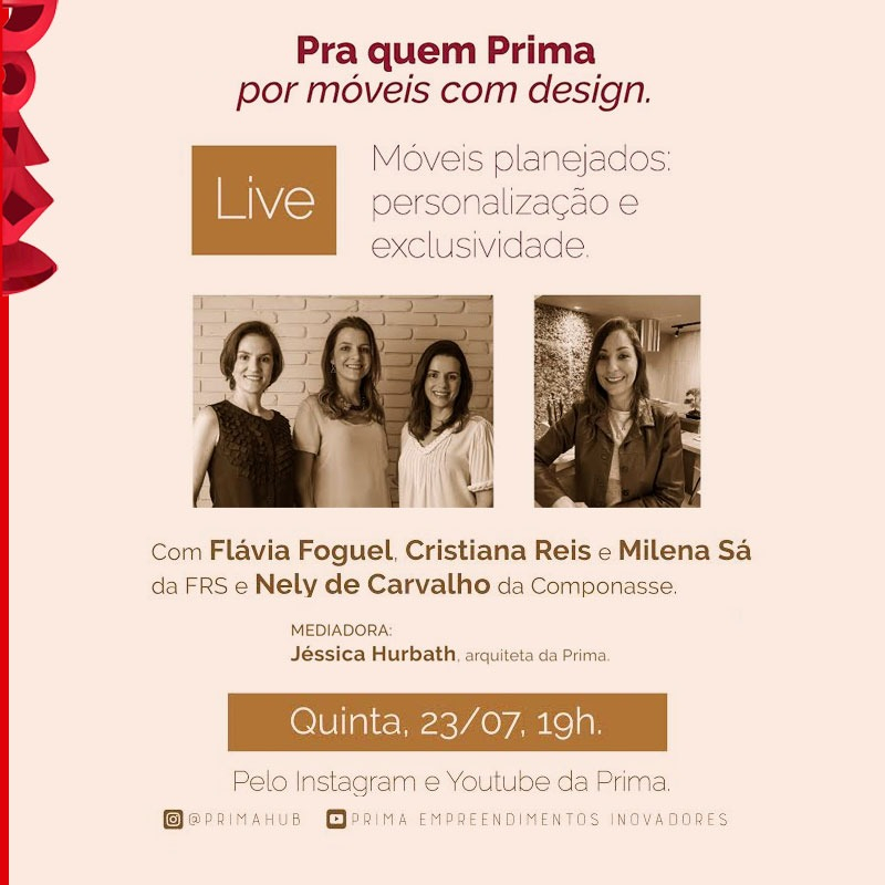 PrimaHub's tweet image. Amanhã (23), às 19h, vamos realizar nossa segunda Live, no Instagram (@primahub) e YouTube. O bate-papo terá como subtema "Móveis planejados: personalização e exclusividade". Mais informações em nosso blog no site bit.ly/2ONkVGl 

Avisa os amigos e não perca!